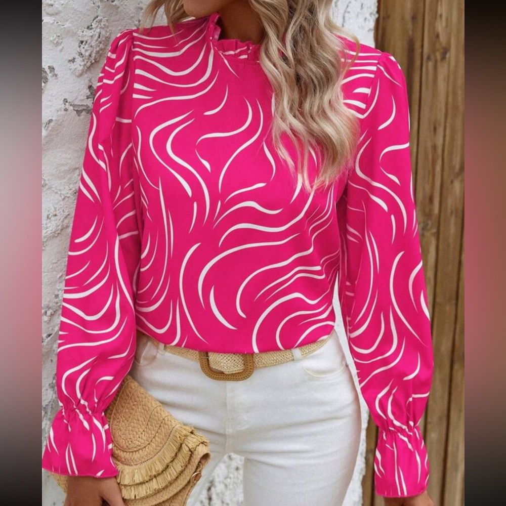 Hot pink Abstract Print Ruffle Frill Long Sleeve Top Blouse Shirt - Picture 2 of 6